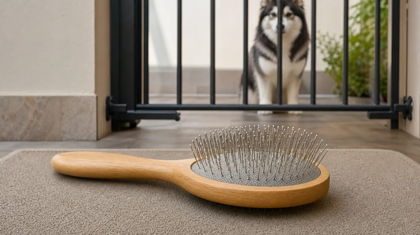 A clean pin brush with rounded pins and cushion rests away from a gated Pomsky