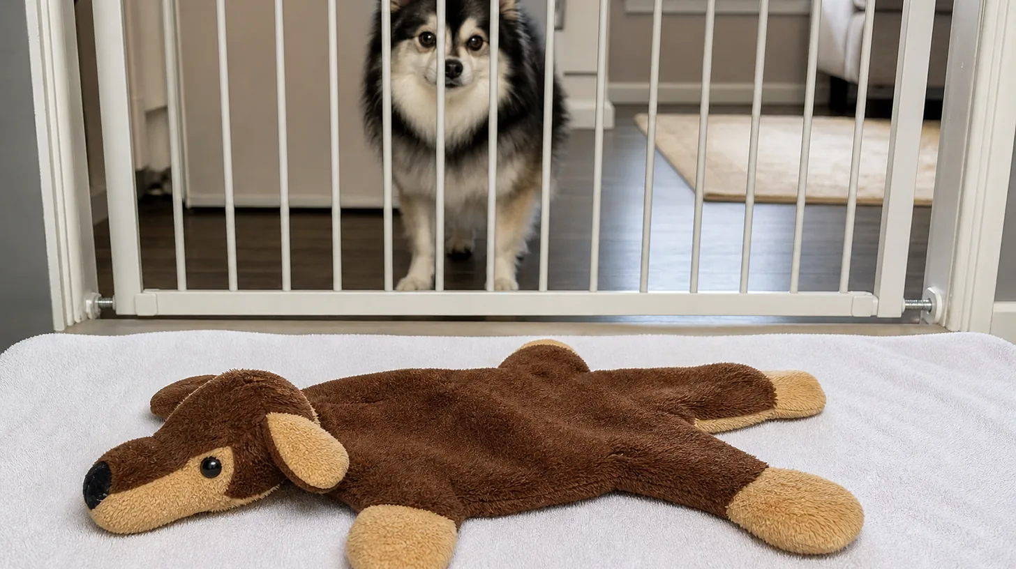 Plain plush dog toy laid flat with fabric panels, seams and attached limbs visible