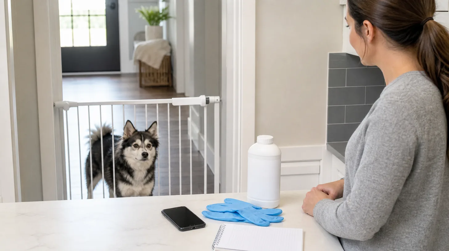 A Pomsky remains behind a secure gate while a caregiver gathers a sealed product, phone, gloves, and blank notes