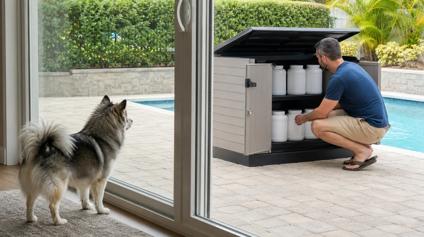 A Pomsky remains indoors while an adult checks closed pool-supply containers