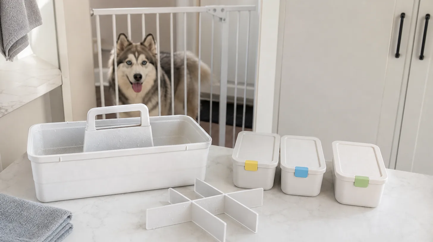 Empty portable care caddy, removable dividers and three closed item bins