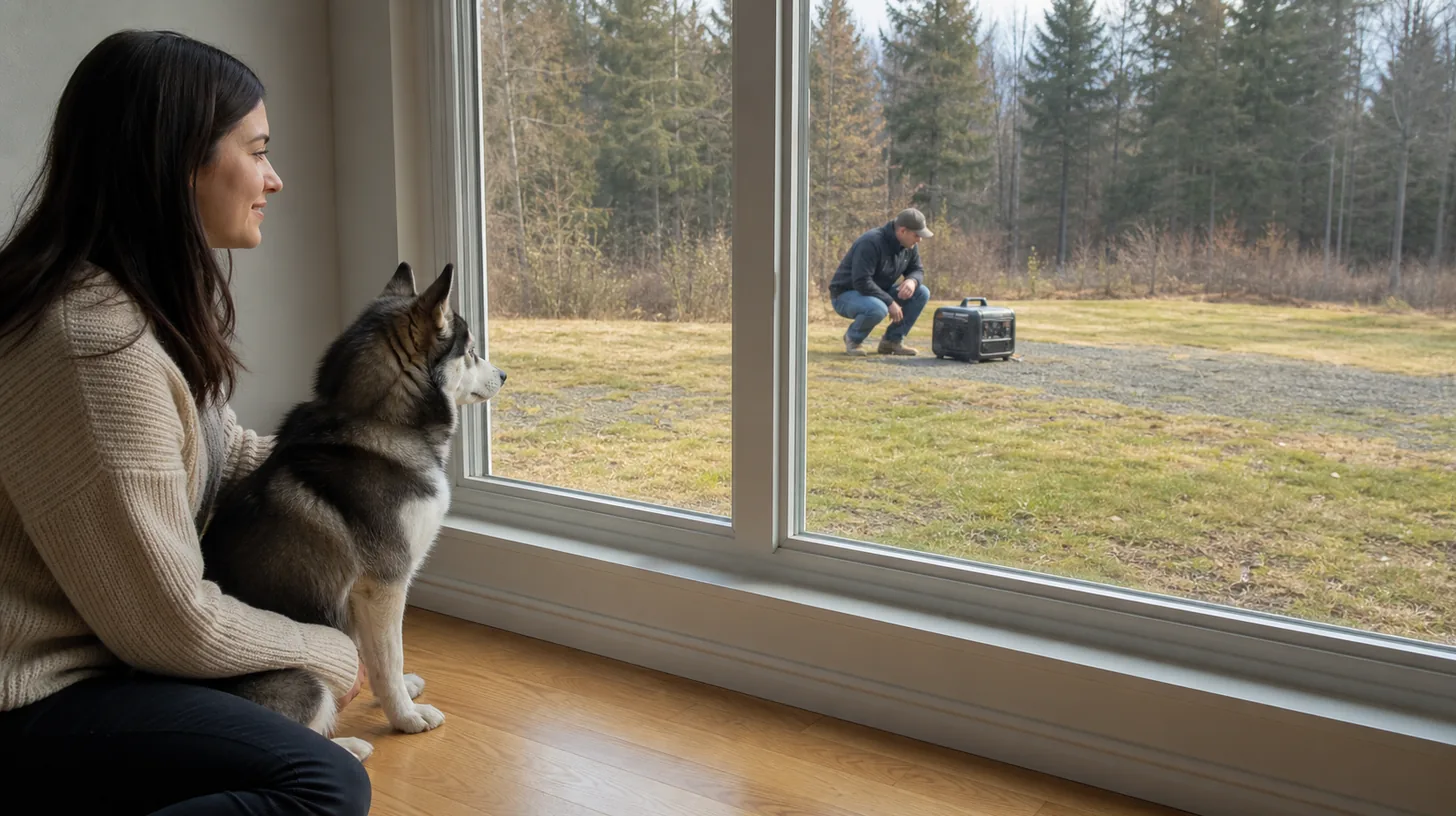 A Pomsky remains indoors while an adult inspects a switched-off generator far outside