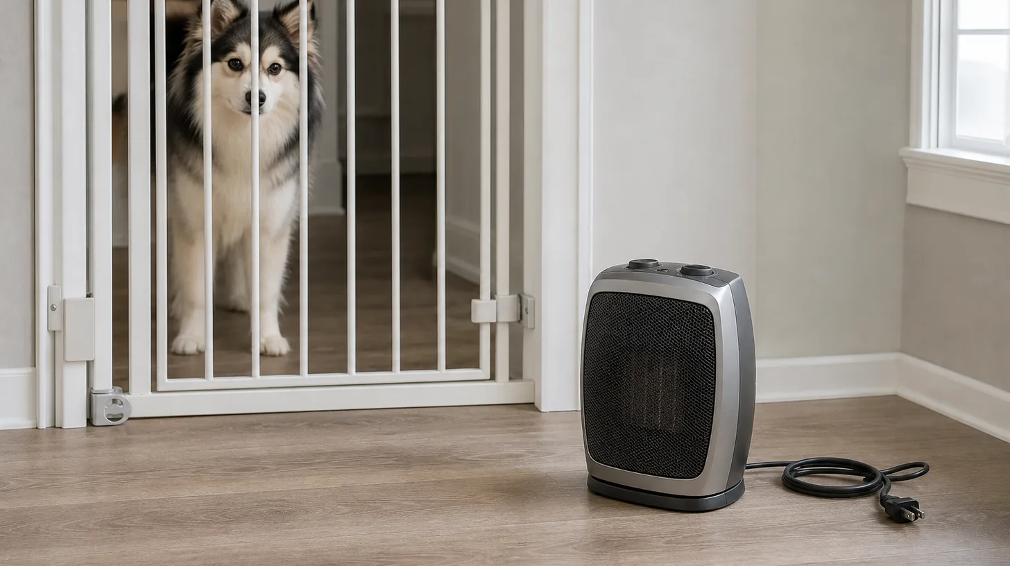 An unplugged portable space heater stands in a clear zone away from a gated Pomsky