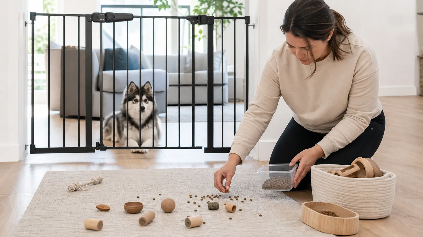 A Pomsky rests behind a closed gate while an adult resets an empty enrichment area