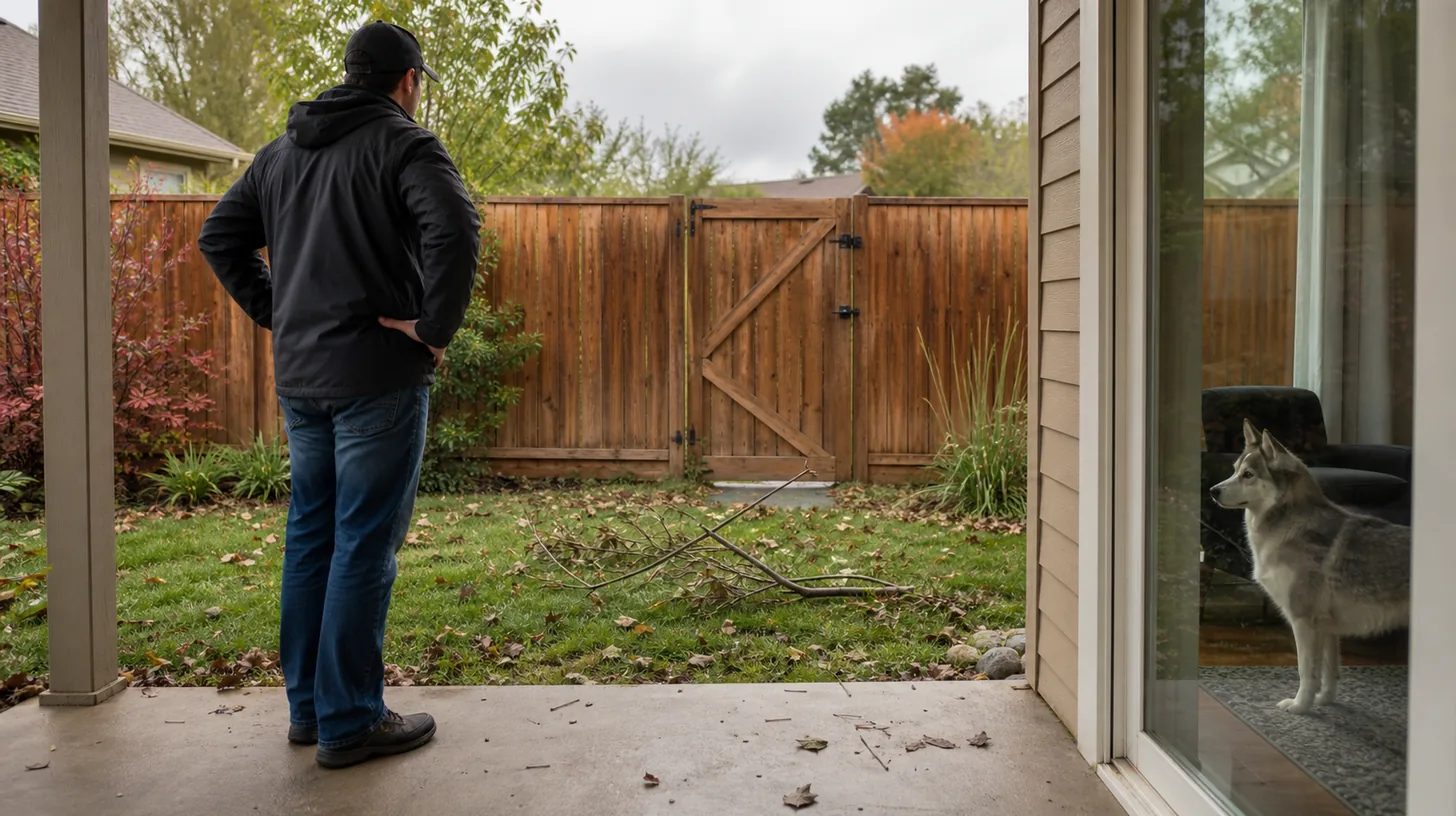 Caregiver inspects a fallen branch and closed yard gate while a Pomsky waits indoors