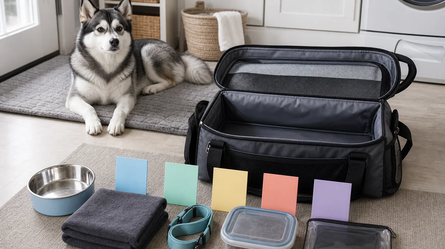 Pomsky rests behind an unpacked travel bag with a bowl towel lead food container pouch and blank sorting cards