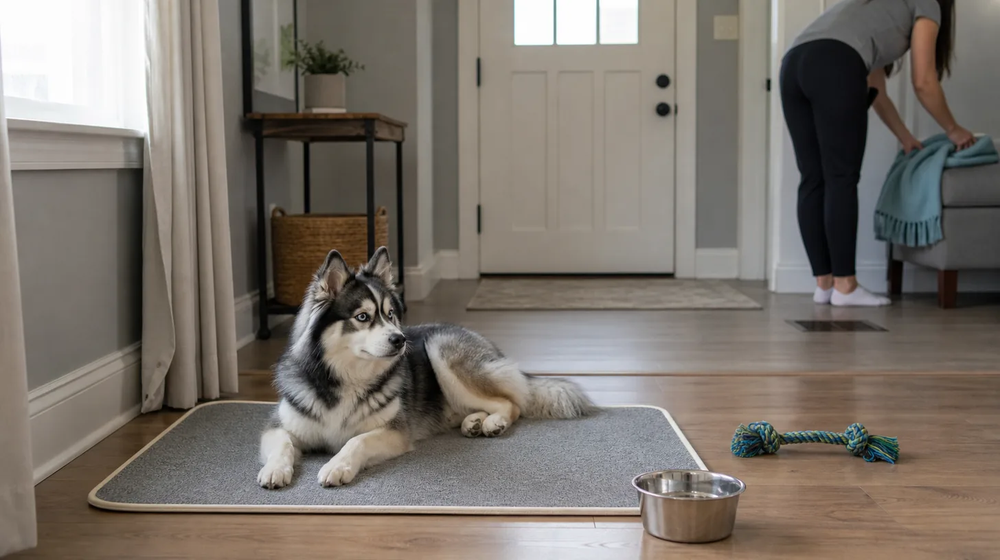Pomsky rests voluntarily with water and a toy after the entry is secured
