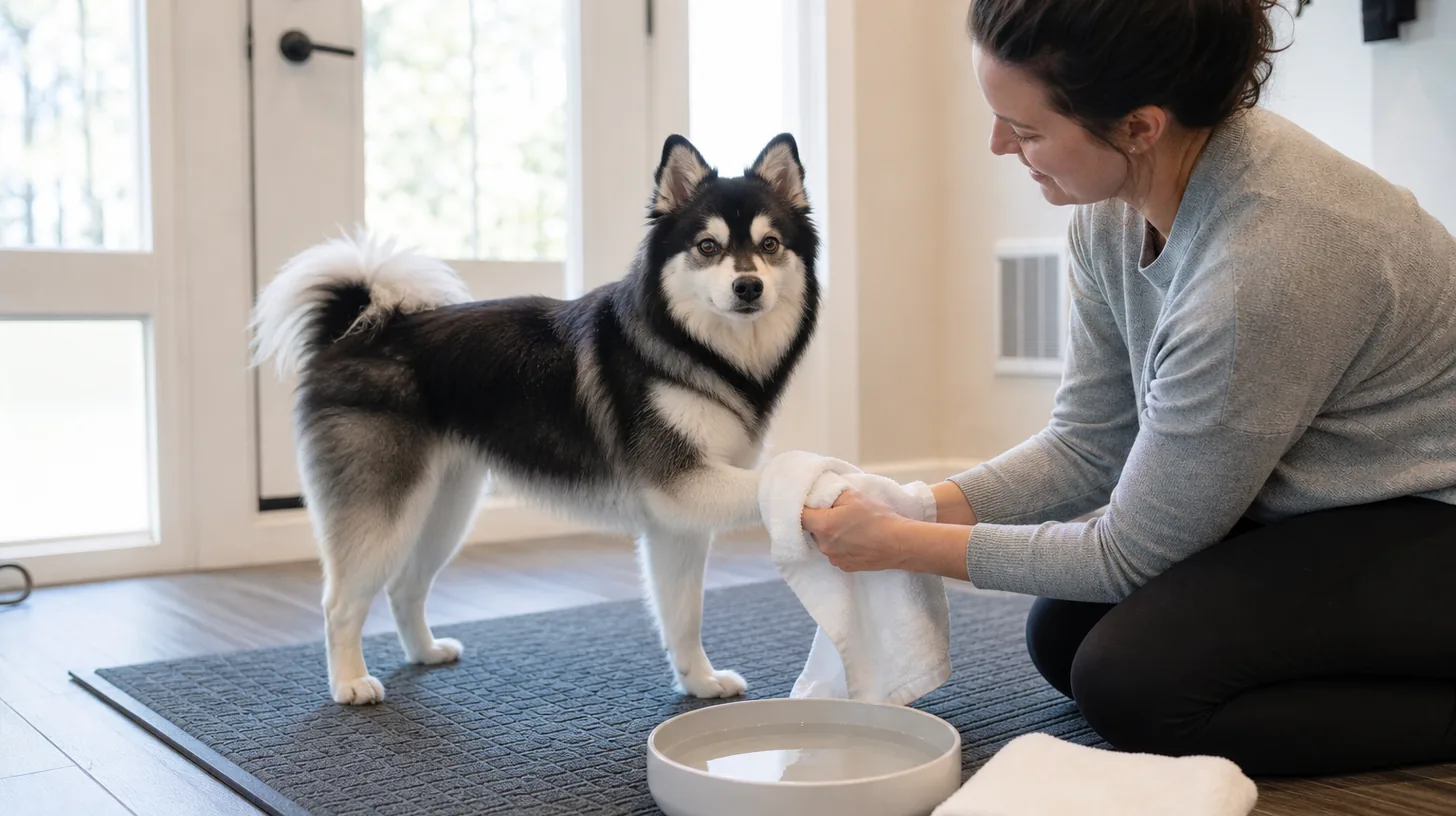 A caregiver gently towel-dries one Pomsky paw on a nonslip entry mat beside a plain water basin