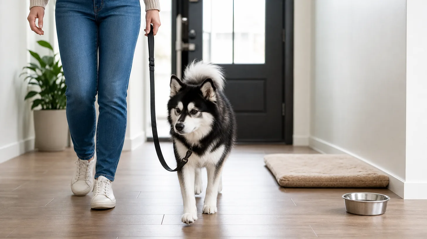 A Pomsky walks slowly on a slack leash toward water and a resting mat after returning home