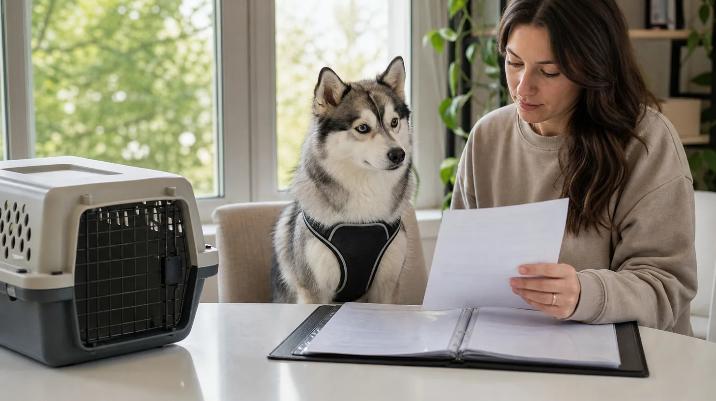 A caregiver reviews a plain veterinary instruction sheet beside a Pomsky and closed carrier