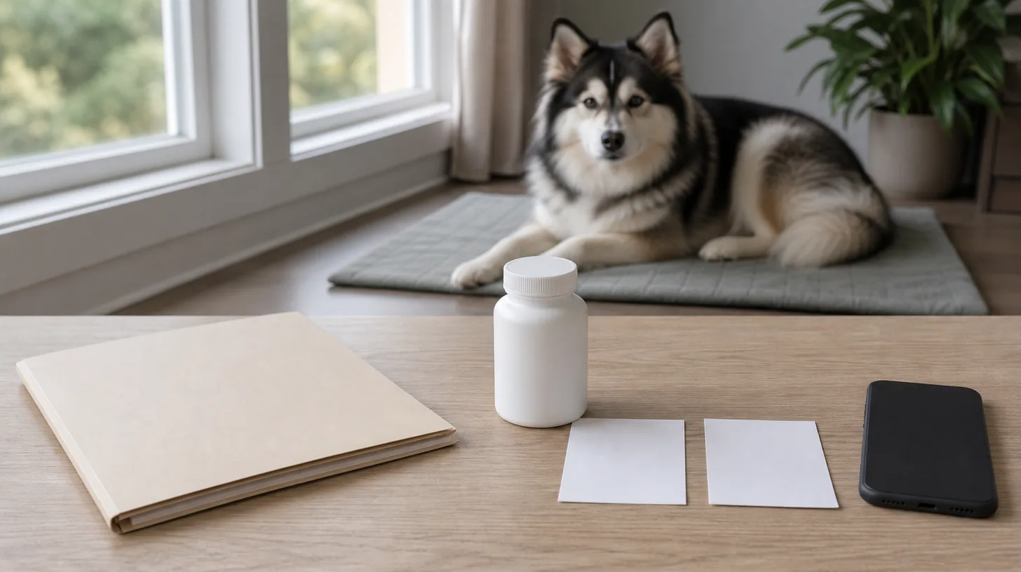 A closed veterinary folder, unlabeled container and blank comparison cards sit near a resting Pomsky
