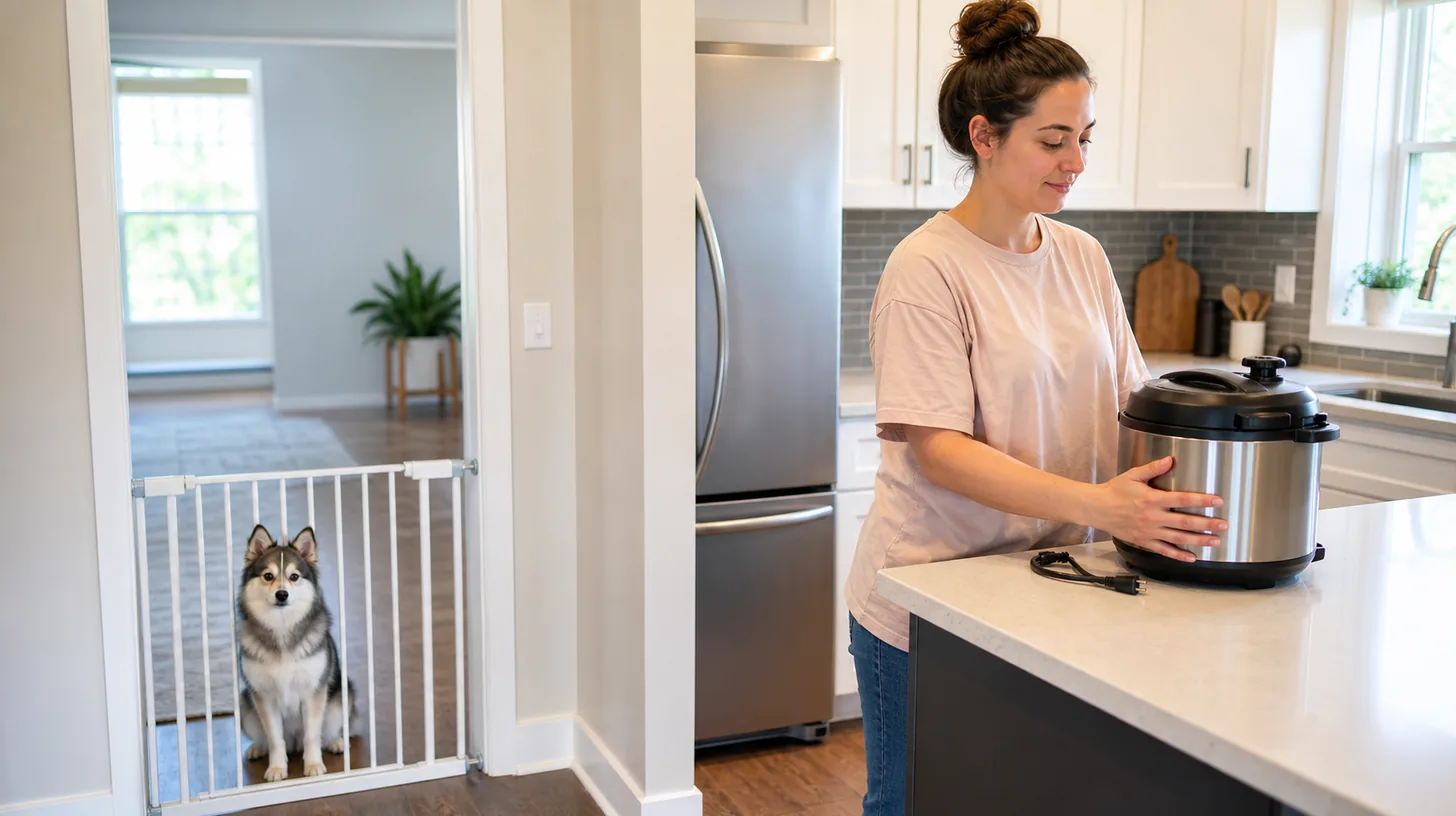Pomsky behind a kitchen gate while a caregiver inspects an unplugged pressure cooker