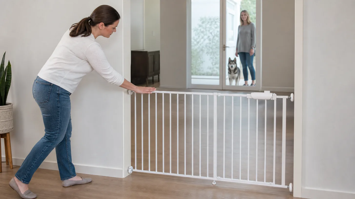 An adult tests an empty pressure-mounted gate while a Pomsky waits behind a distant closed glass door