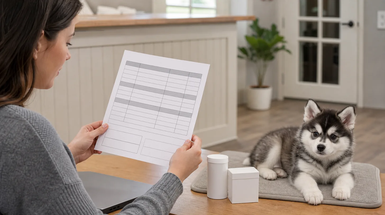 Buyer audits a blank Pomsky preventive-care record beside generic unbranded product containers