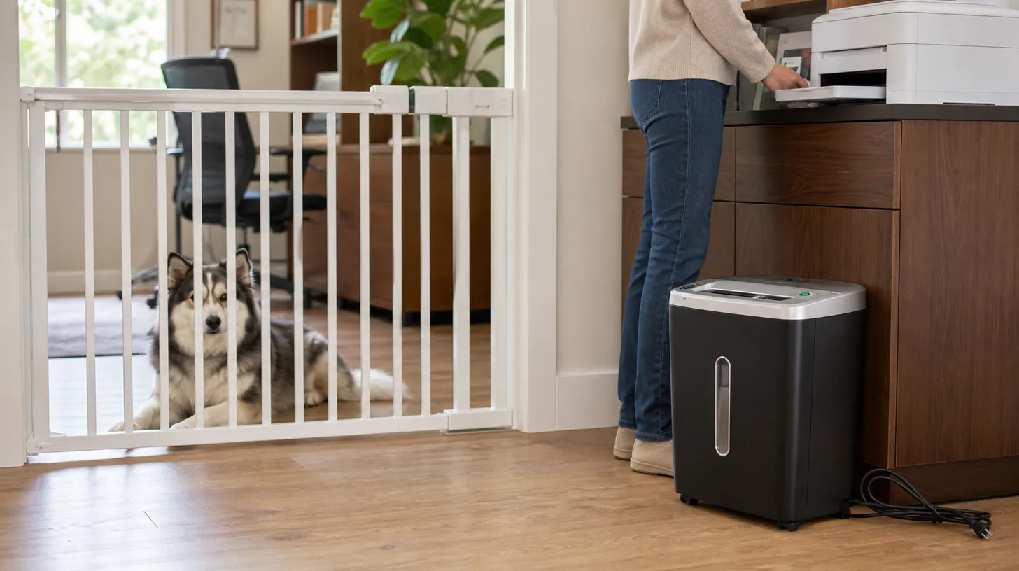 Pomsky behind a gate while a caregiver manages a plain printer and unplugged paper shredder