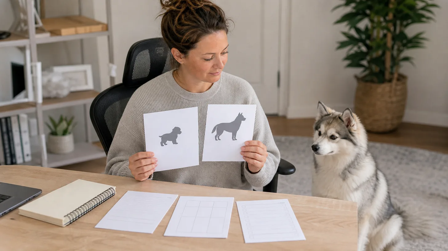 Caregiver compares puppy and adult life-stage cards with growth and veterinary review sheets beside a Pomsky
