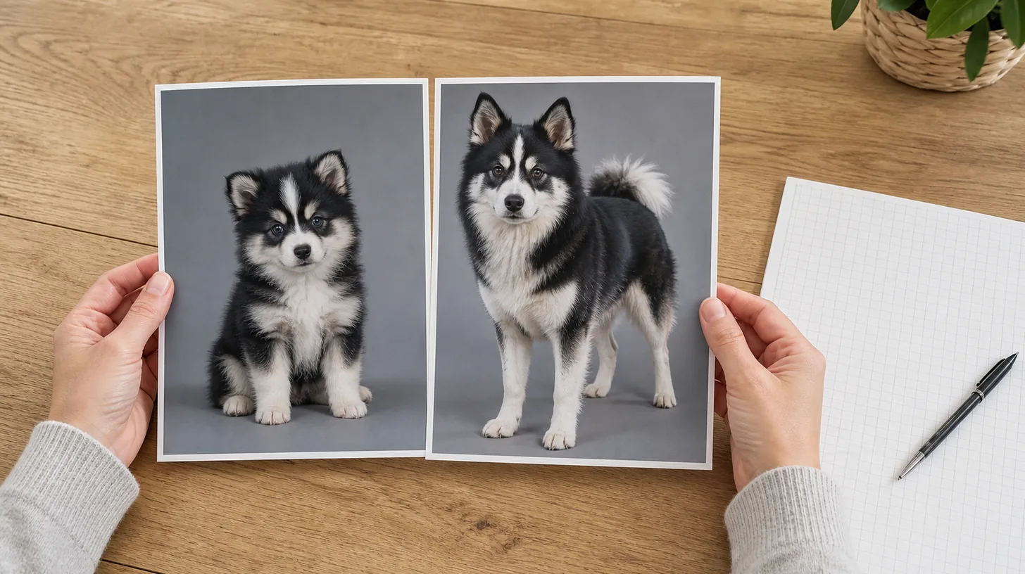 Side-by-side puppy and adult photographs illustrate the limits of predicting Pomsky appearance