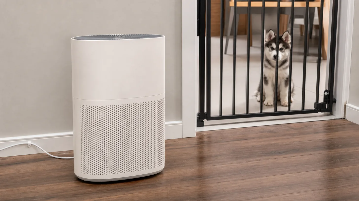 An air purifier stands across the room from a Pomsky puppy behind a gate