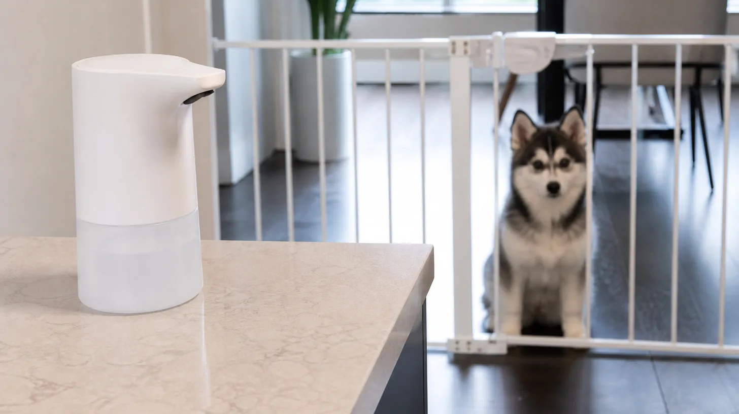 A Pomsky puppy observes an automatic soap dispenser from behind a closed gate