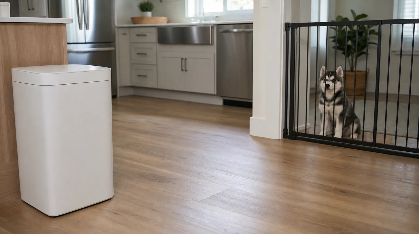 A Pomsky puppy observes a closed disabled automatic trash bin from behind a gate