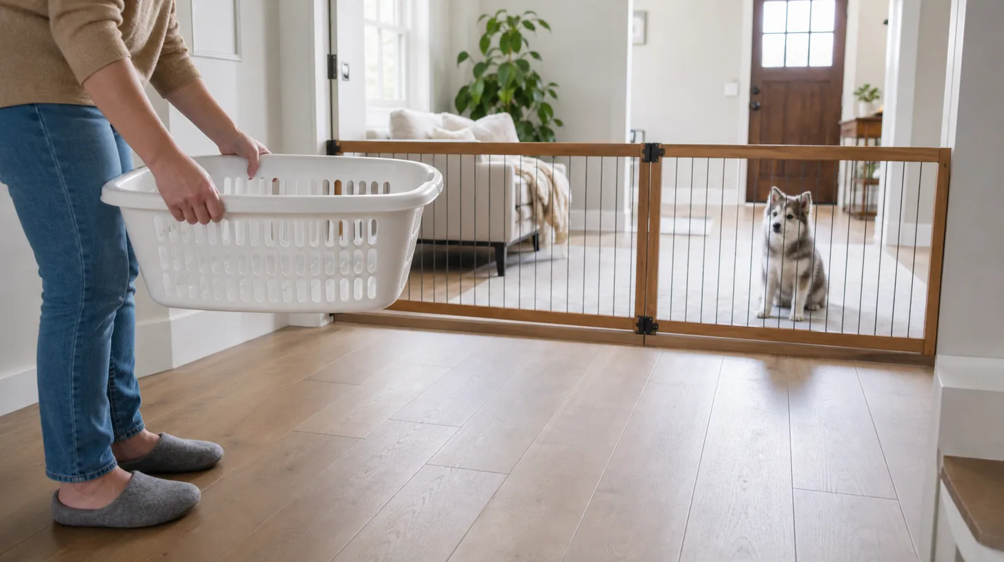 A Pomsky puppy observes an adult holding an empty laundry basket from behind a retreat gate