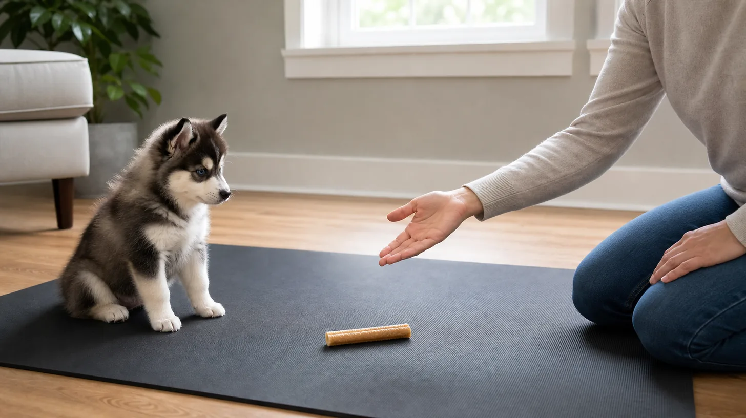 Pomsky puppy observes one intact chew item while a caregiver offers an open trade hand