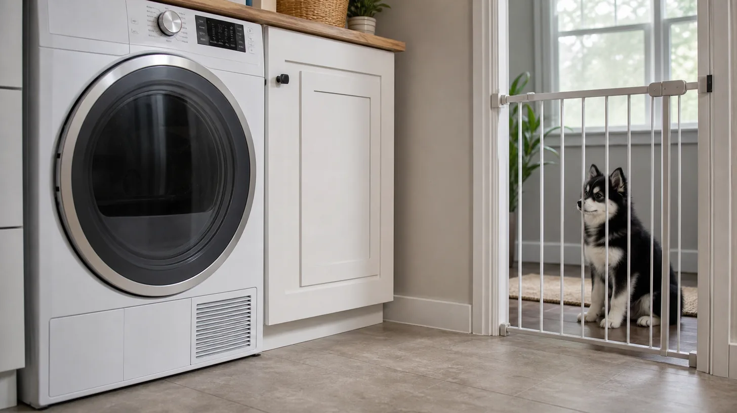 A closed clothes dryer stands across a tidy laundry area from a gated Pomsky puppy