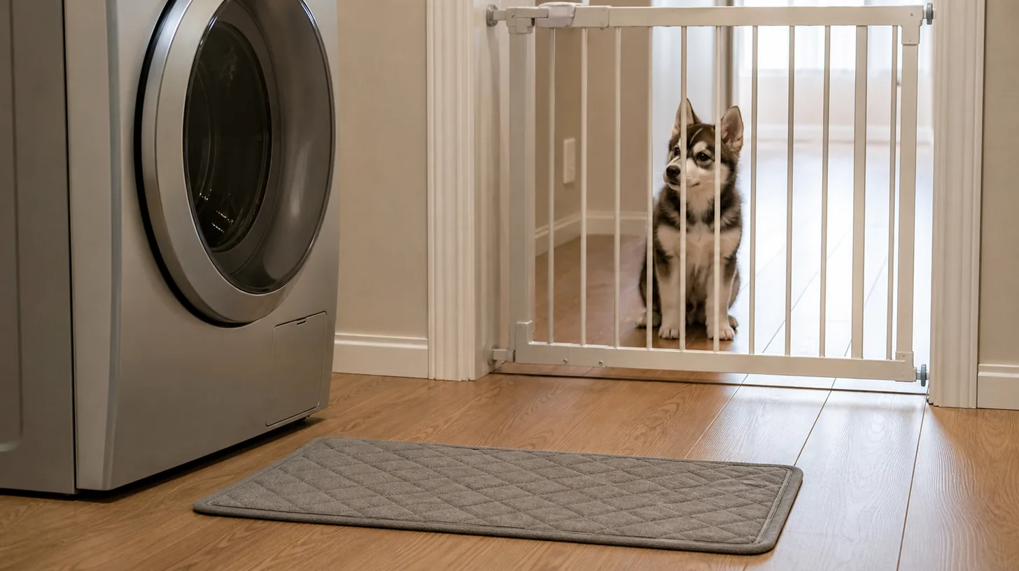 A Pomsky puppy observes a closed clothes washer from behind a distant gate