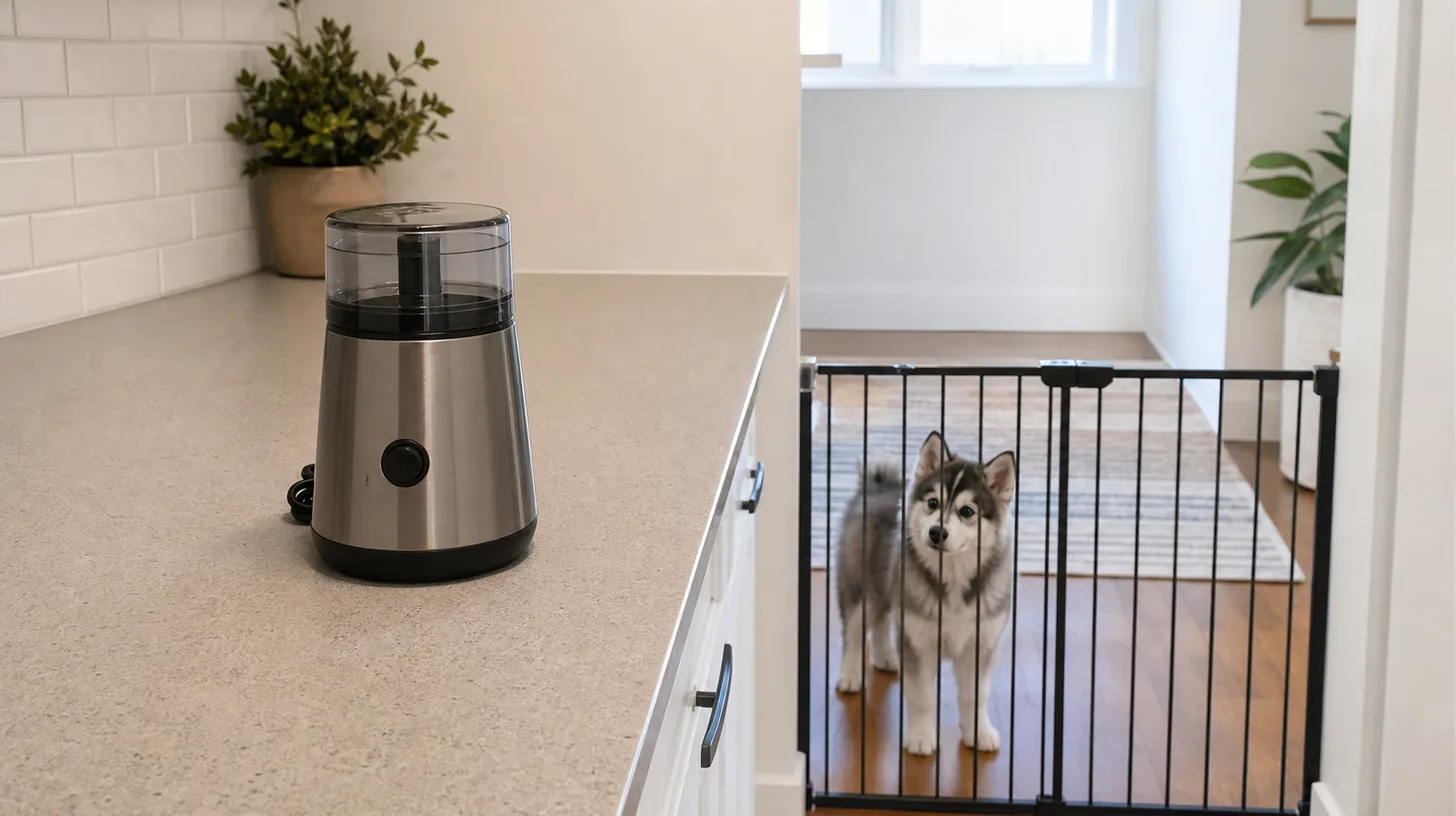 A Pomsky puppy observes an empty unplugged coffee grinder from behind a gate