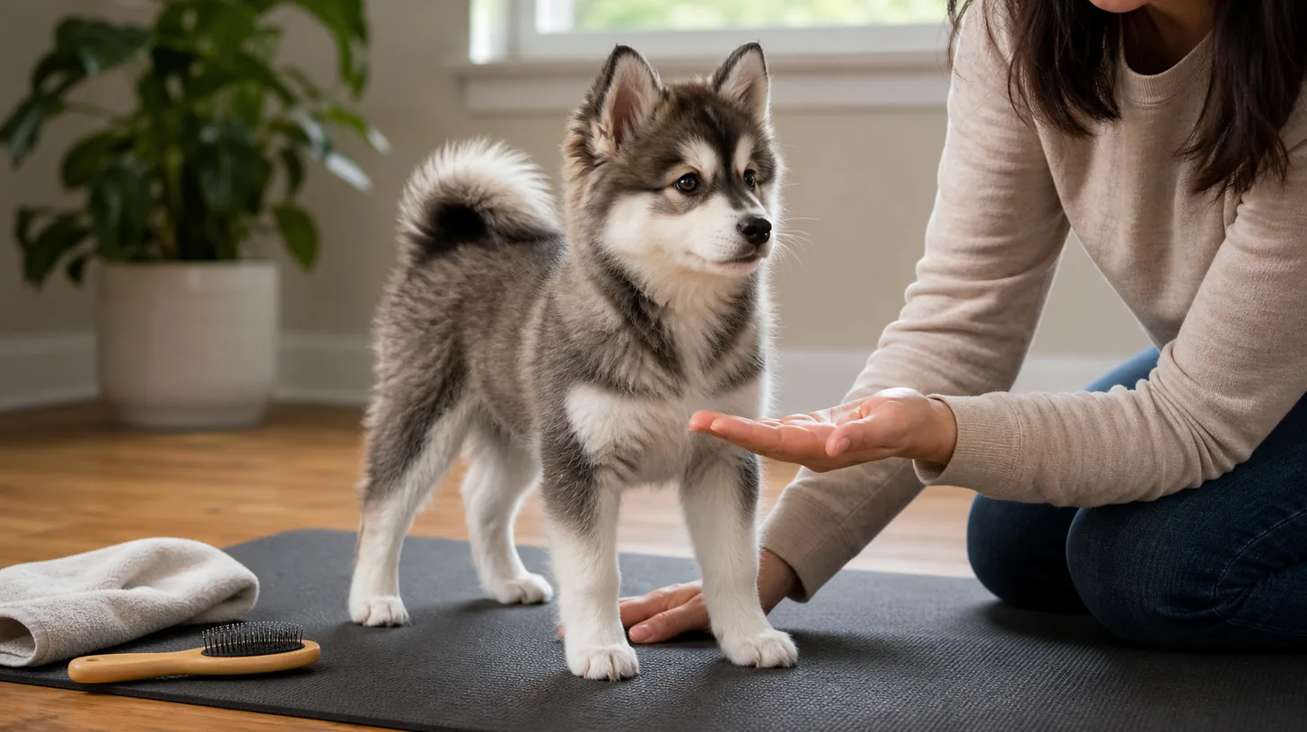 Pomsky puppy stands voluntarily as a caregiver offers an open hand during cooperative handling practice