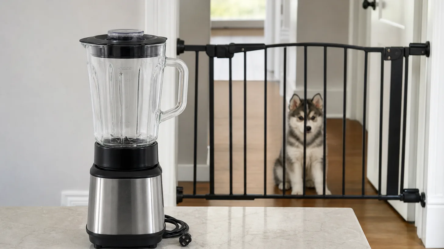 An unplugged empty countertop blender stands away from a gated Pomsky puppy