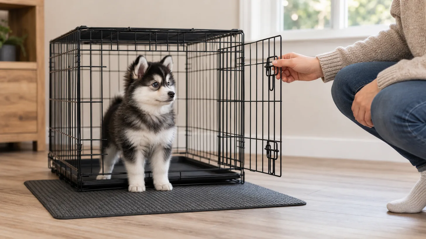 Pomsky puppy calmly stands at an open crate threshold while a caregiver holds the door away