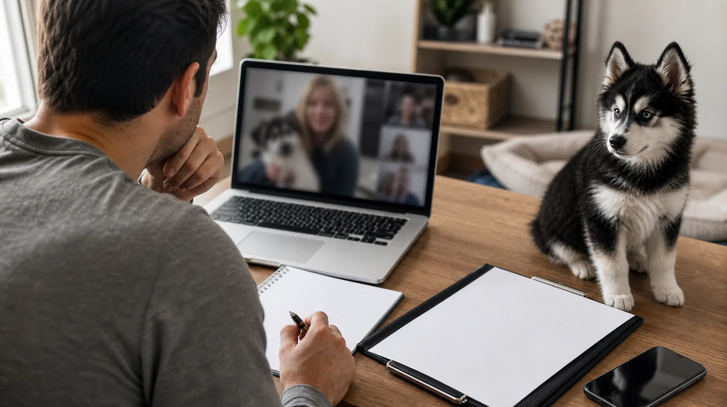 A puppy buyer verifies a seller by video call before reviewing blank payment documents