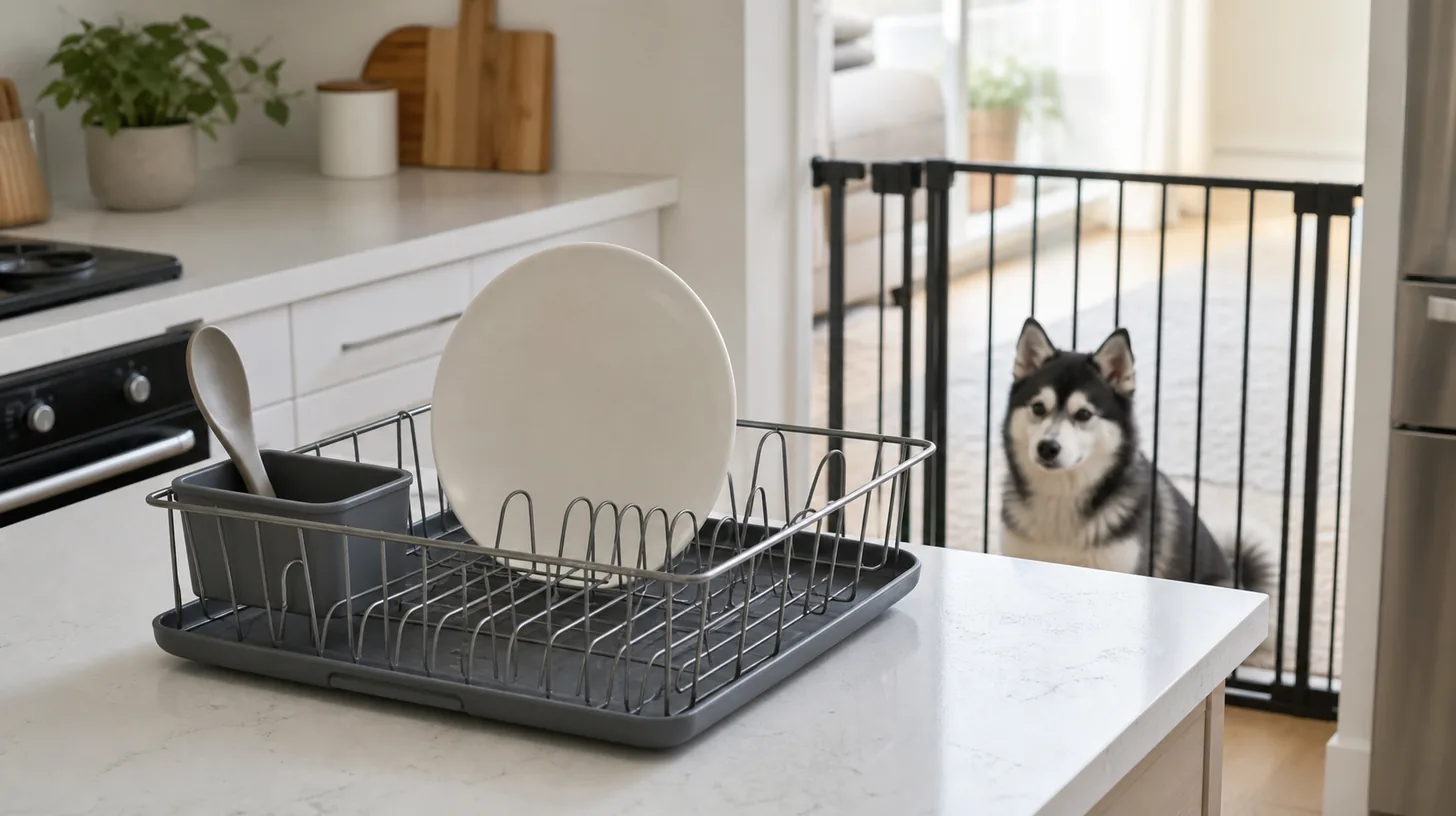 Dish rack with one unbreakable plate and large utensil while a Pomsky puppy waits behind a gate