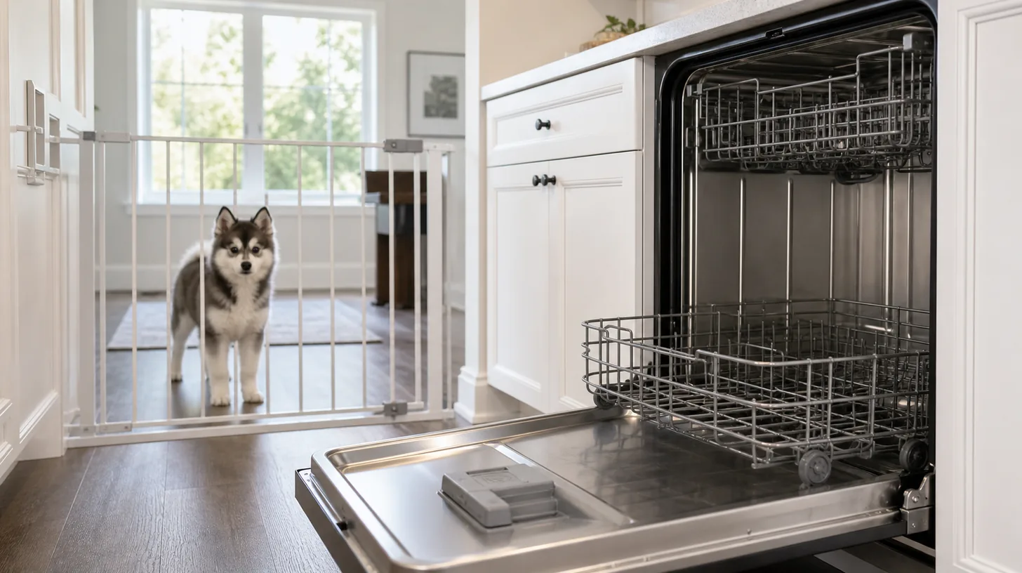 Cold empty dishwasher with open door and Pomsky puppy behind a gate