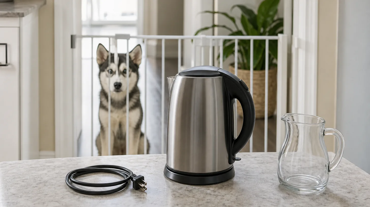 An unplugged empty electric kettle and empty pitcher sit away from a gated Pomsky puppy