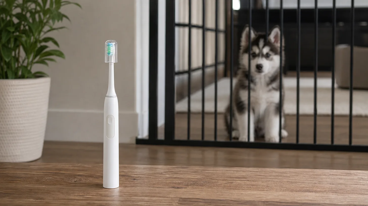An electric toothbrush stands switched off while a Pomsky puppy observes behind a gate