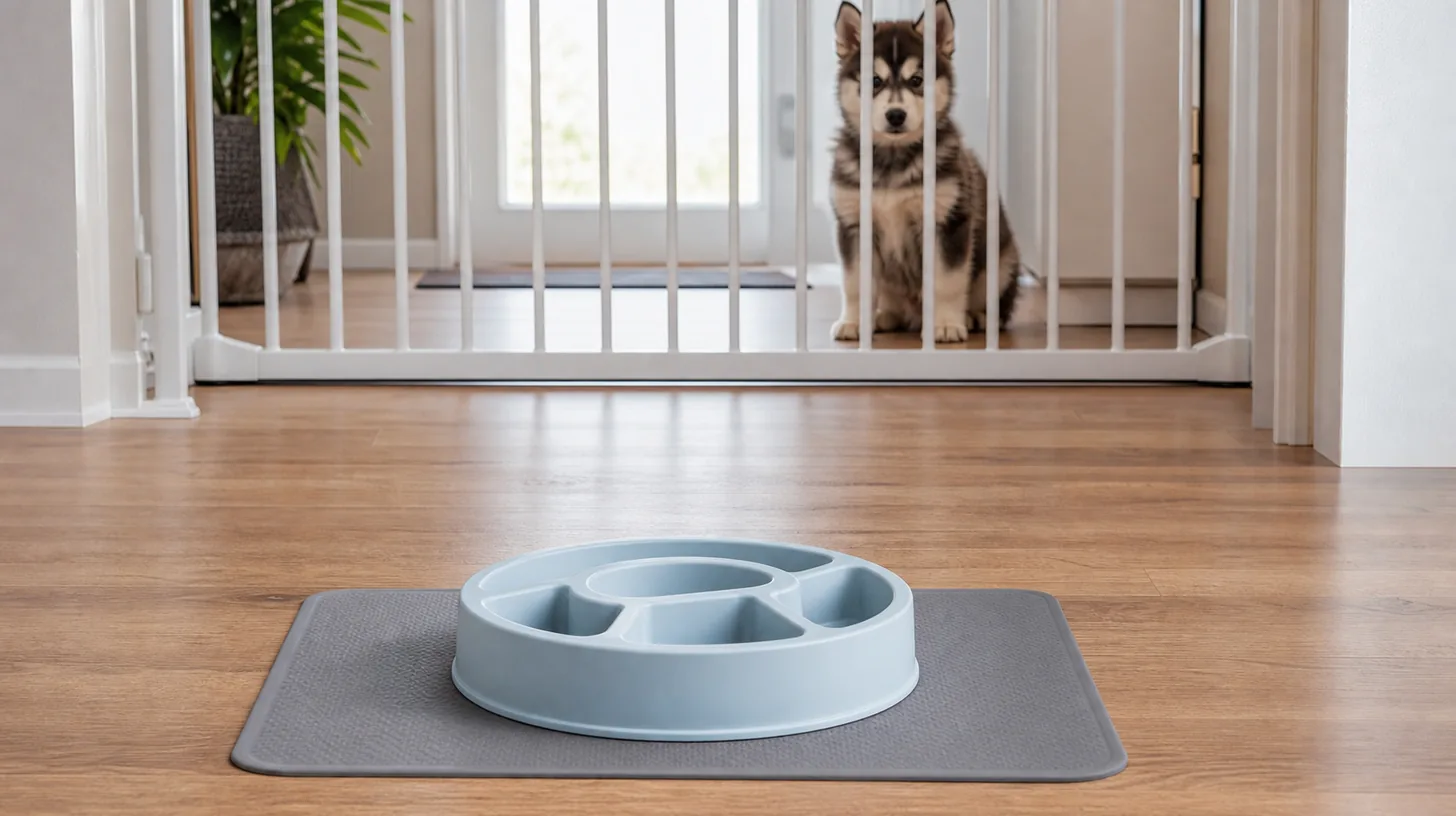 A simple empty puzzle feeder rests on a nonslip mat while a Pomsky puppy waits behind a gate