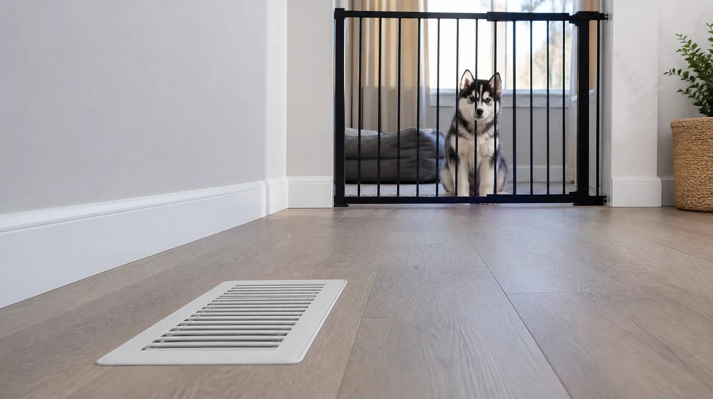 A Pomsky puppy observes a secure floor vent from behind a distant gate