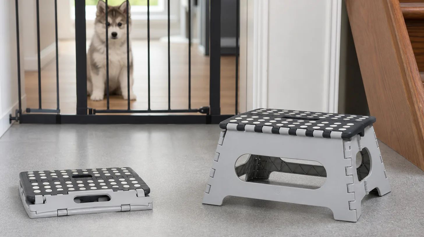 A folded stool and a fully open stool stand away from a gated Pomsky puppy