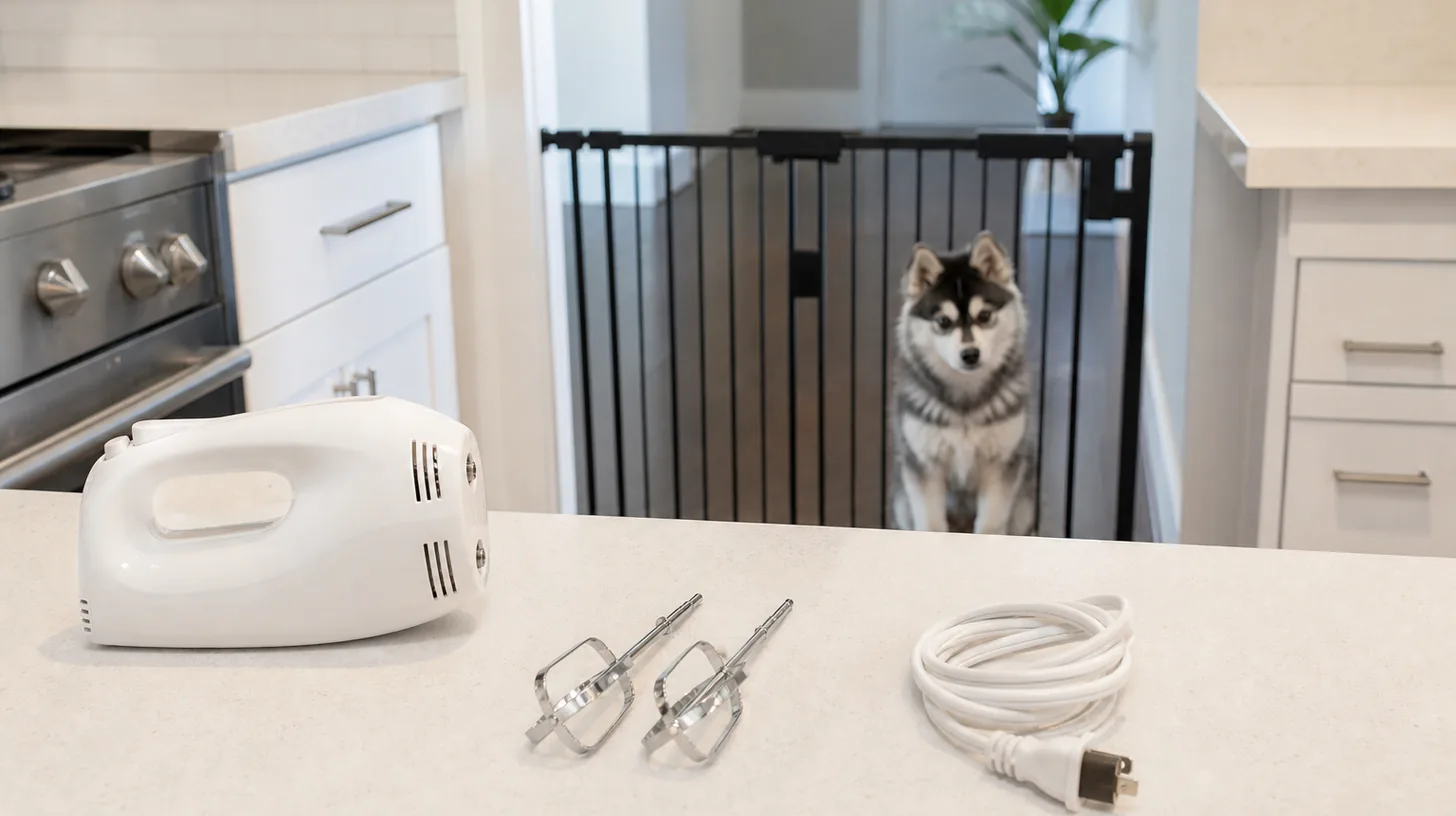 An unplugged hand mixer, detached beaters and coiled cord sit away from a gated Pomsky puppy