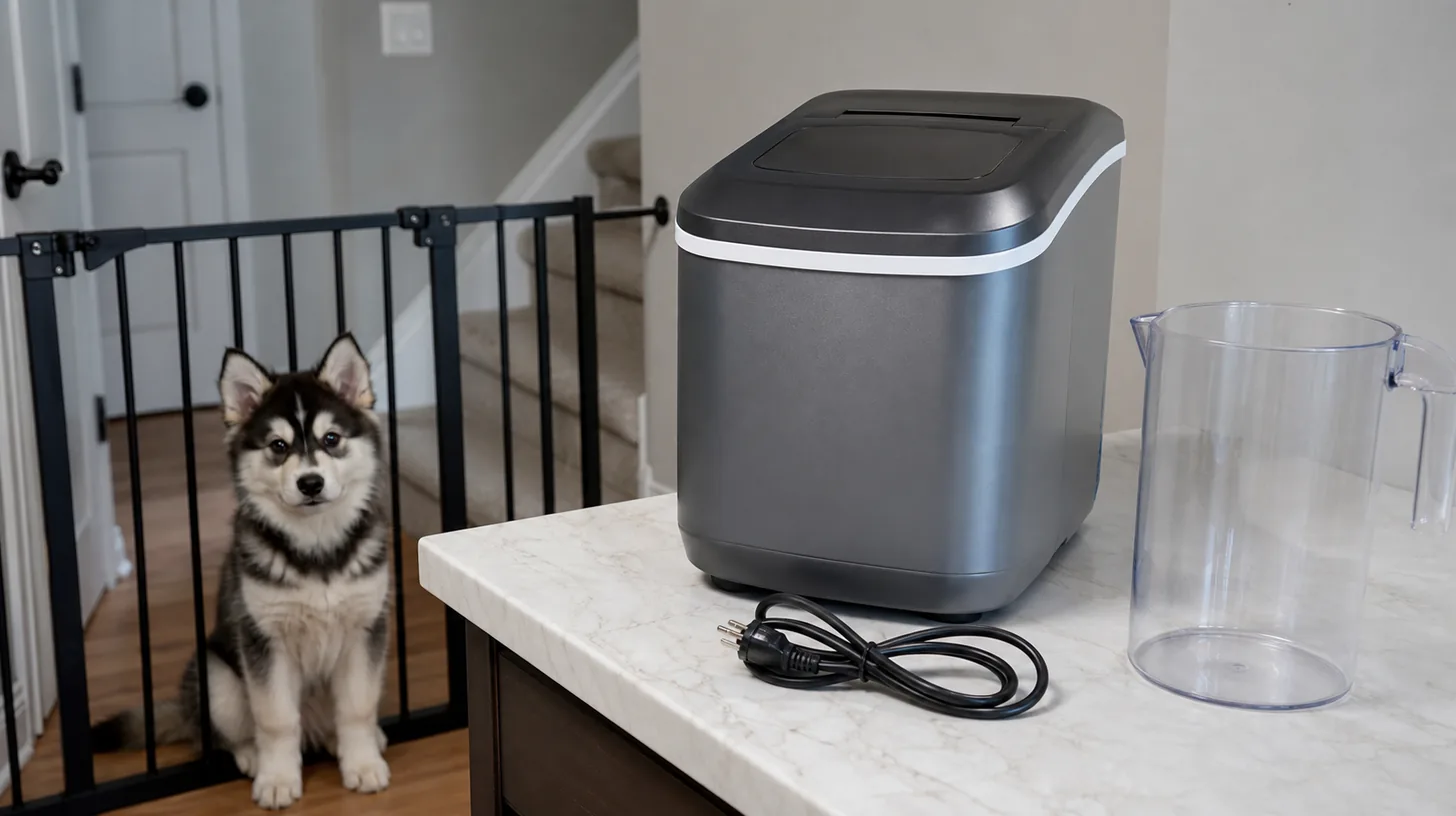 An unplugged empty countertop ice maker and empty pitcher sit away from a gated Pomsky puppy