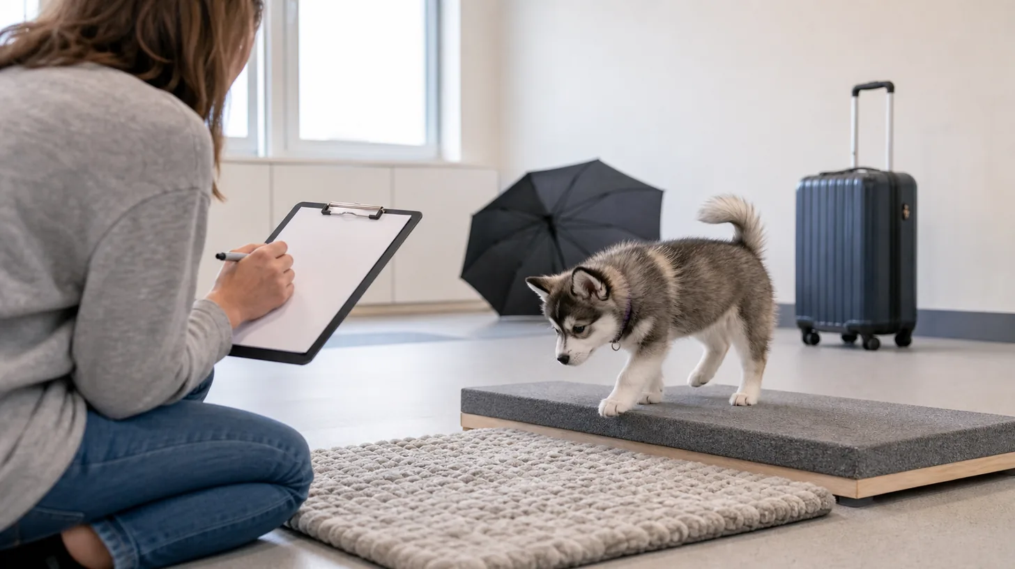 A Pomsky puppy explores stable surfaces while a caregiver records its response