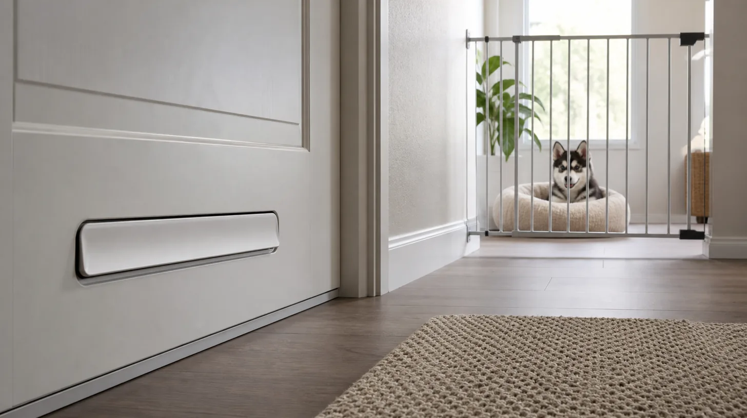 A Pomsky puppy observes a clean stationary mail slot from behind a distant gate