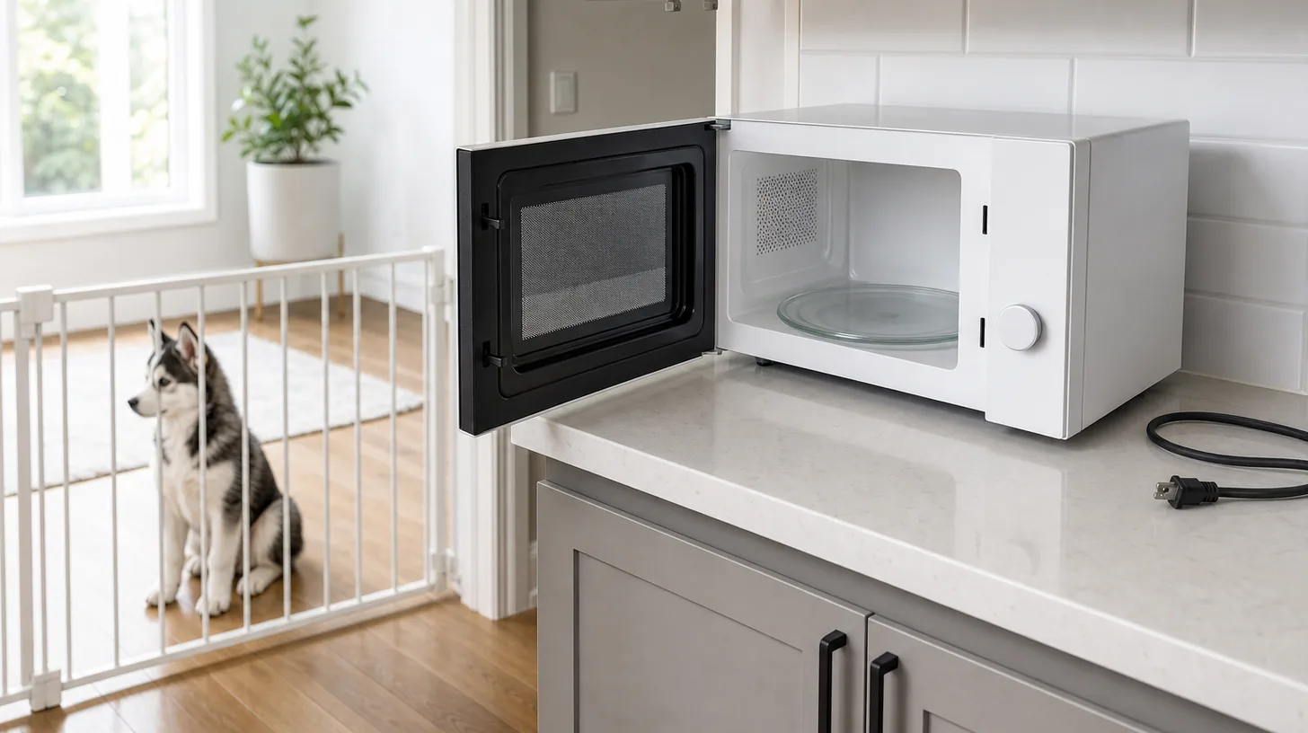 Cool empty unplugged microwave with open door and a Pomsky puppy behind a gate