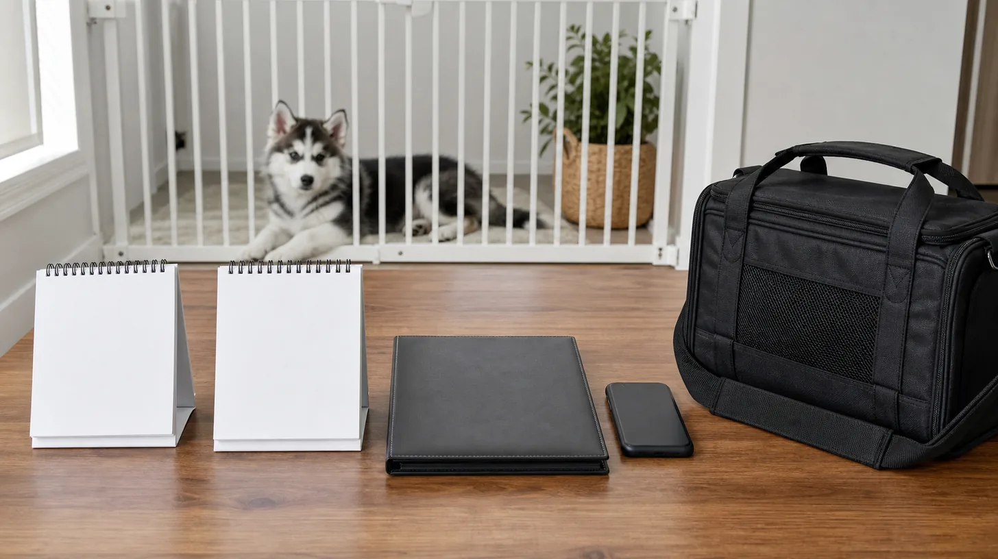 Two blank calendars, a closed folder, phone and travel bag sit near a gated Pomsky puppy