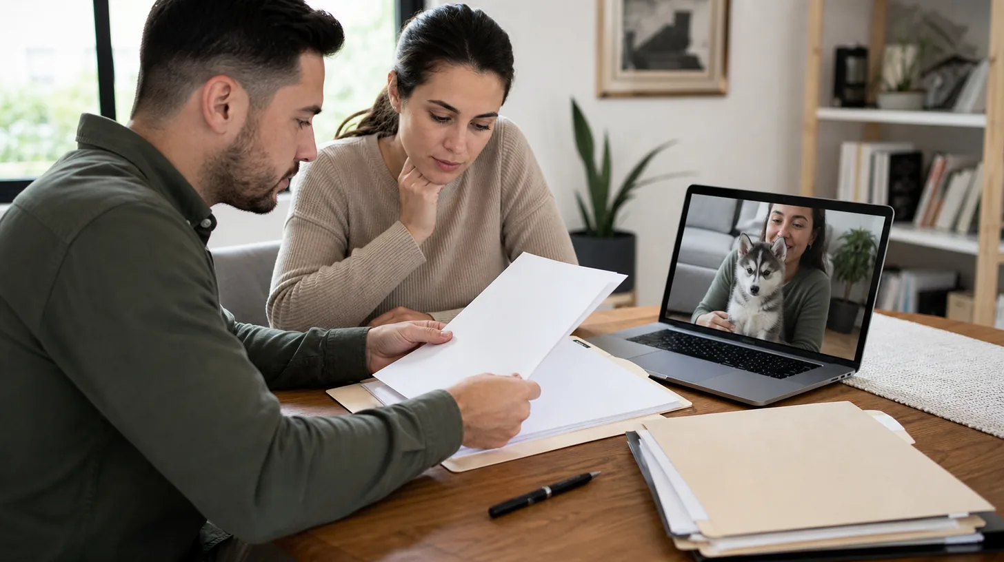 Two adults review blank contract pages during a live video call showing a healthy Pomsky puppy and seller