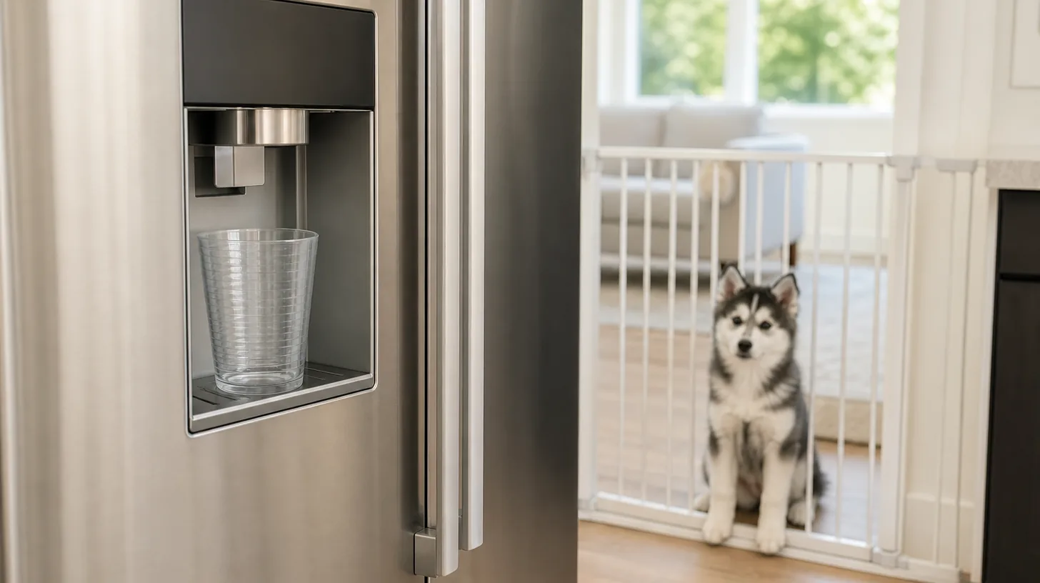 Refrigerator ice dispenser with empty cup and Pomsky puppy behind a gate