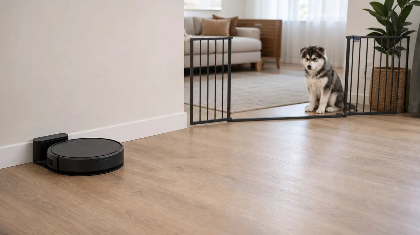 A Pomsky puppy observes an inactive robotic vacuum on its dock from behind an open gate