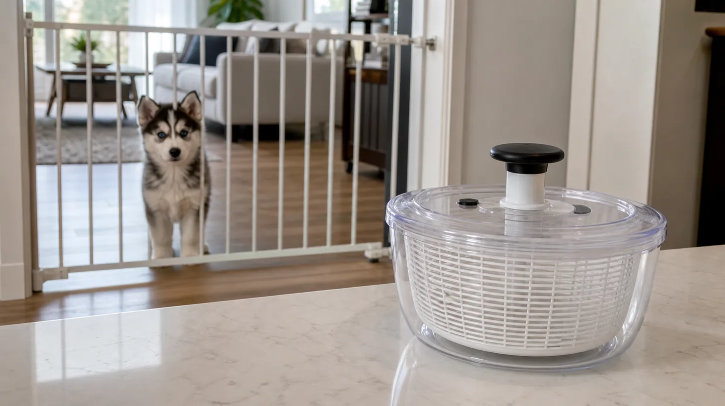 An empty closed salad spinner rests on a stable counter away from a gated Pomsky puppy